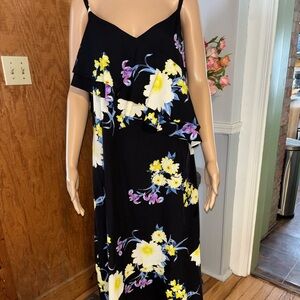 Roz & Ali Black Floral Ruffle Spaghetti Strap Dress size 16